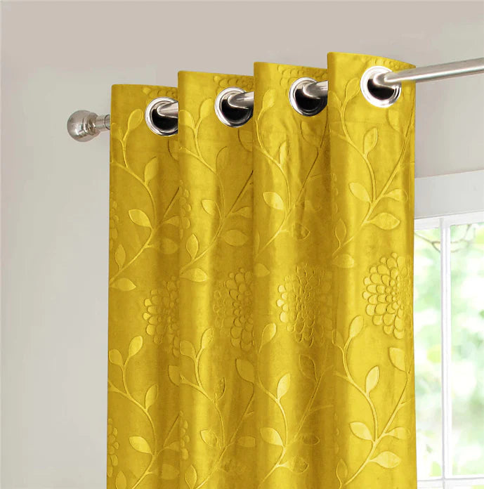 Pair Of Branched Leaves Embossed Velvet Curtains In Mustard Color