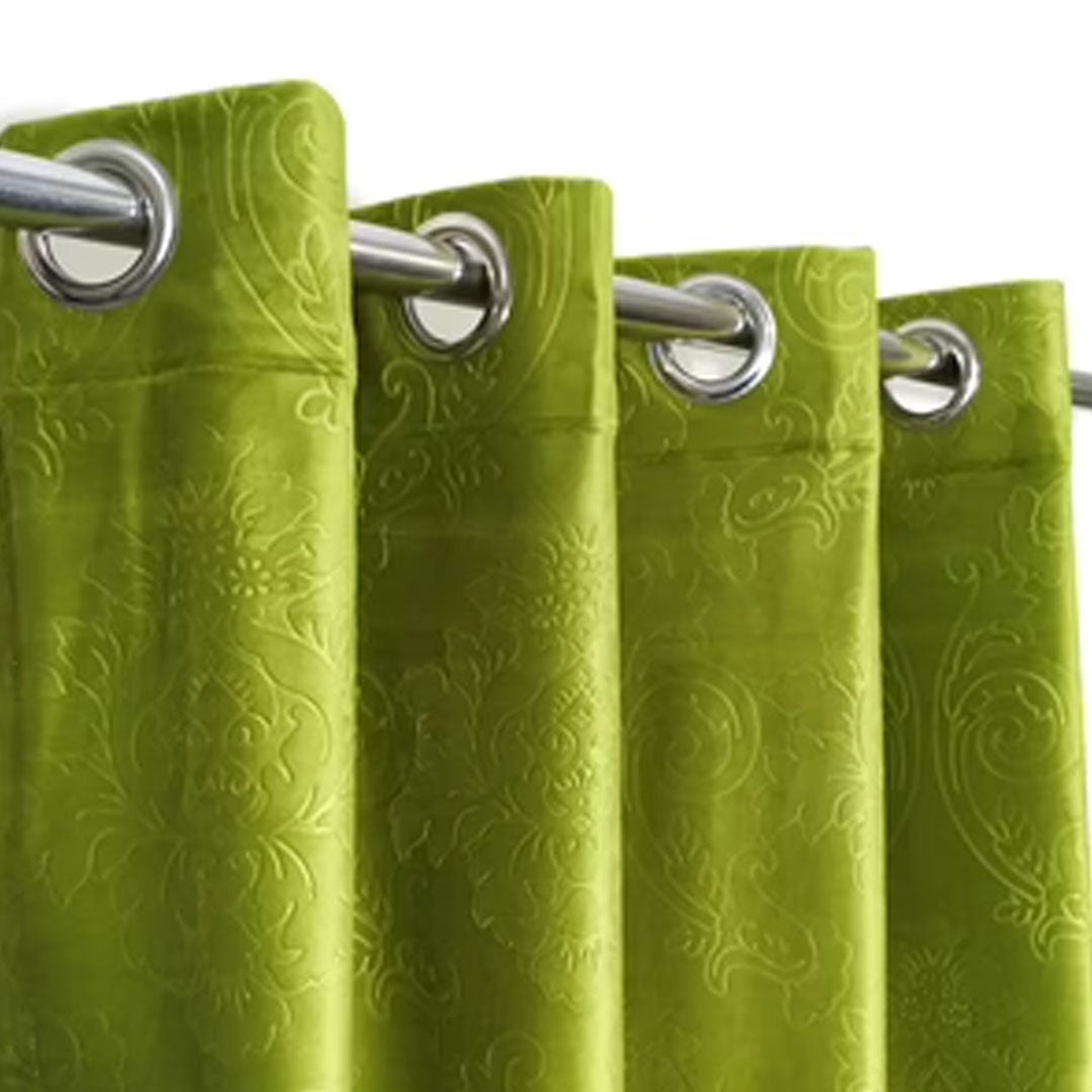 Pair Of Branched Leaves Embossed Velvet Curtains In Parrot Green Color