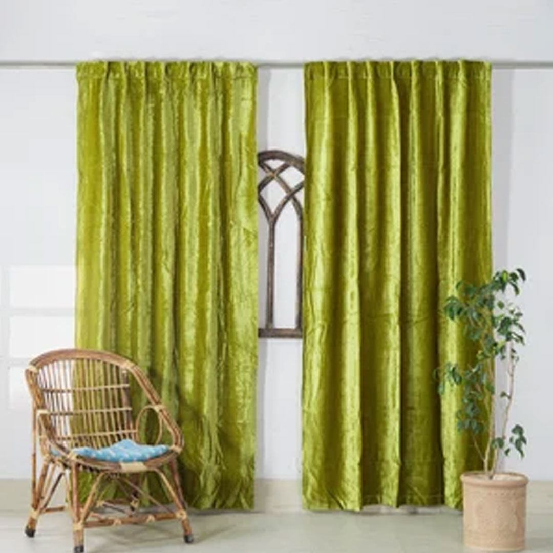 Pair Of Branched Leaves Embossed Velvet Curtains In Parrot Green Color