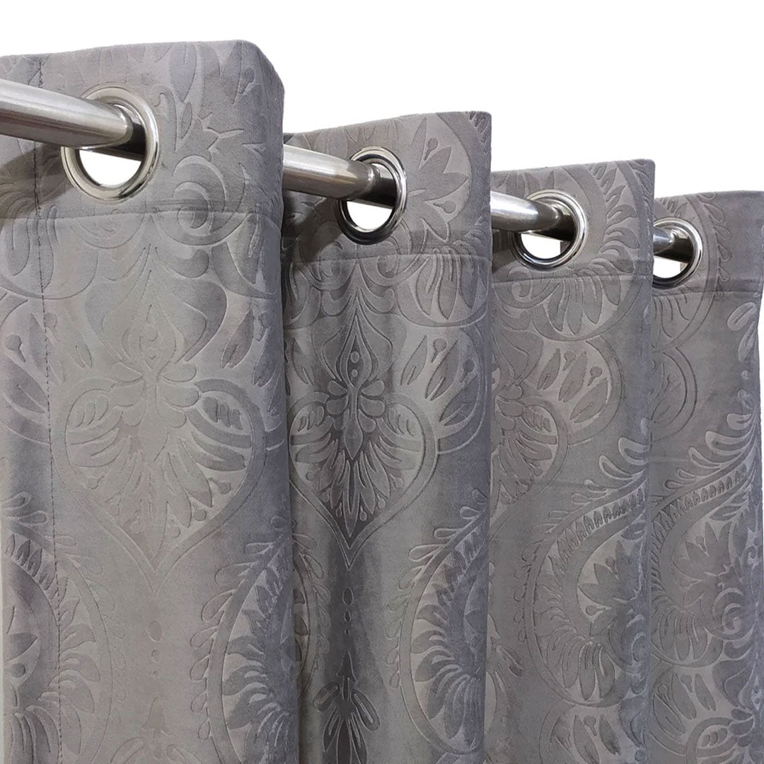Pair Of Branched Leaves Embossed Velvet Curtains In Grey Color