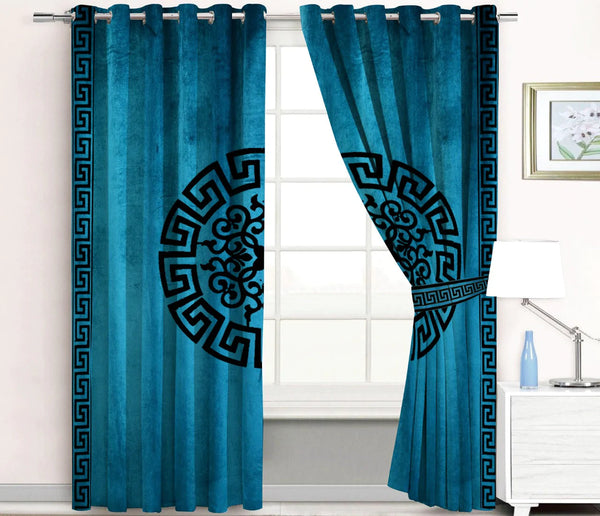 Pair of Laser Cutwork Versace Velvet Curtains Black on Ocean Blue With Tie Belts