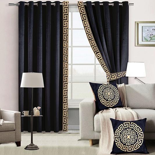 Pair of Laser Cutwork Versace Velvet Curtains Off-White on Black With Tie Belts