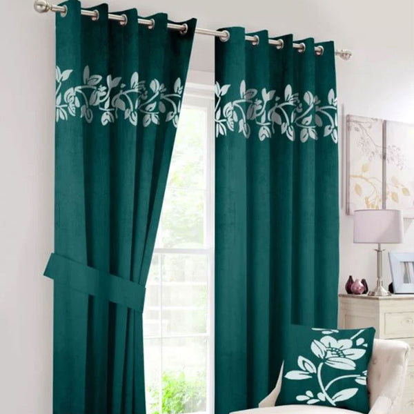 Pair of Laser Cutwork Versace Velvet Curtains White on Green With Tie Belts