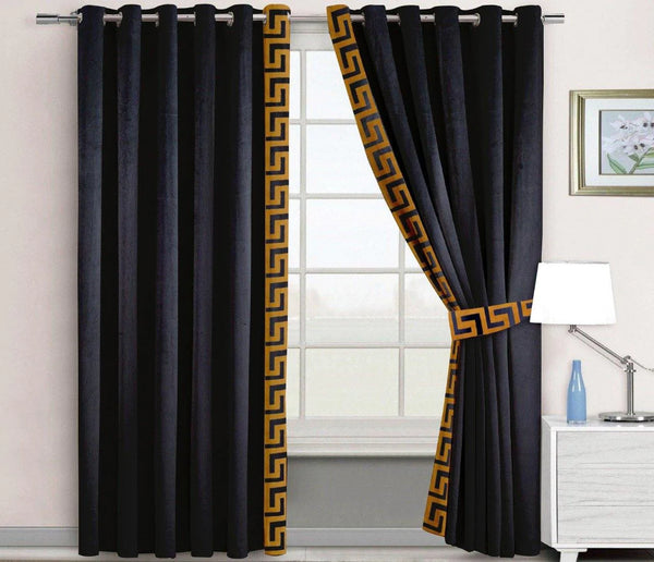 Pair of Laser Cutwork Versace Border Velvet Curtains Golden on Black With Tie Belts