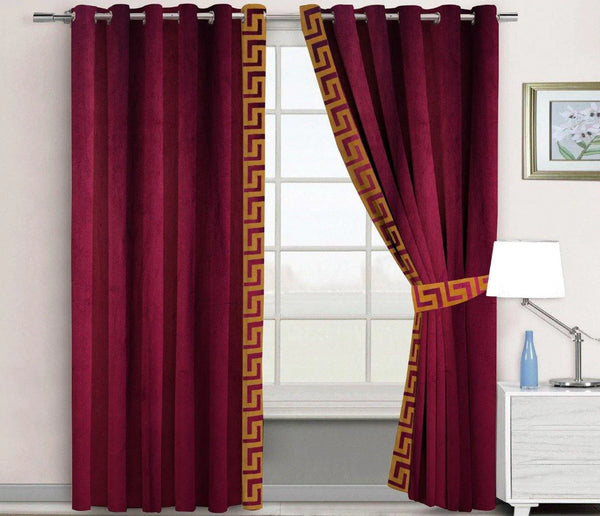 Pair of Laser Cutwork Versace Border Velvet Curtains Golden on Maroon With Tie Belts