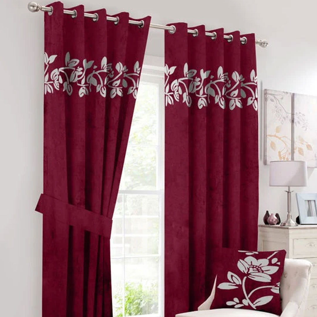 Pair of Laser Cutwork Versace Velvet Curtains White on Maroon With Tie Belts