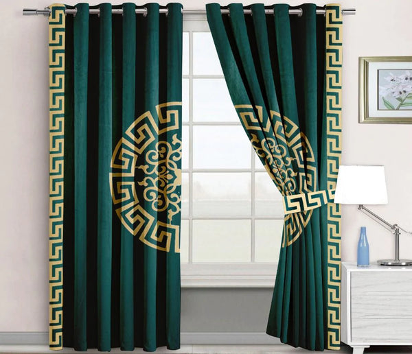 Pair of Laser Cutwork Versace Velvet Curtains Golden On Green With Tie Belts