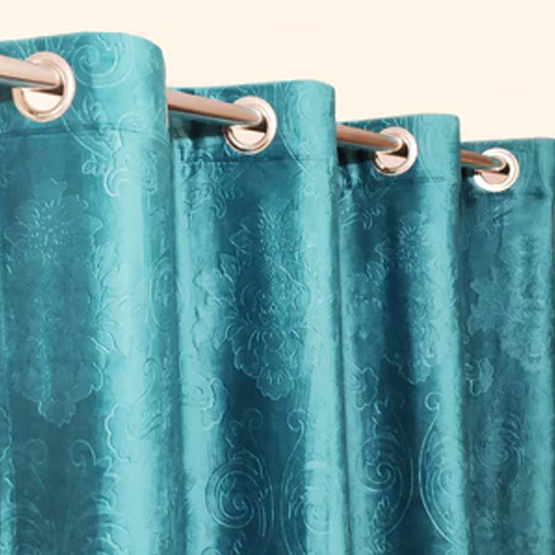 Pair Of Branched Leaves Embossed Velvet Curtains In Sea Green Color