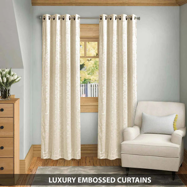 Pair Of Branched Leaves Embossed Velvet Curtains In Off White Color