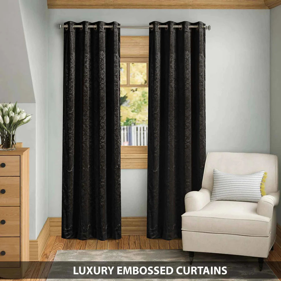 Pair Of Branched Leaves Embossed Velvet Curtains In Black Color