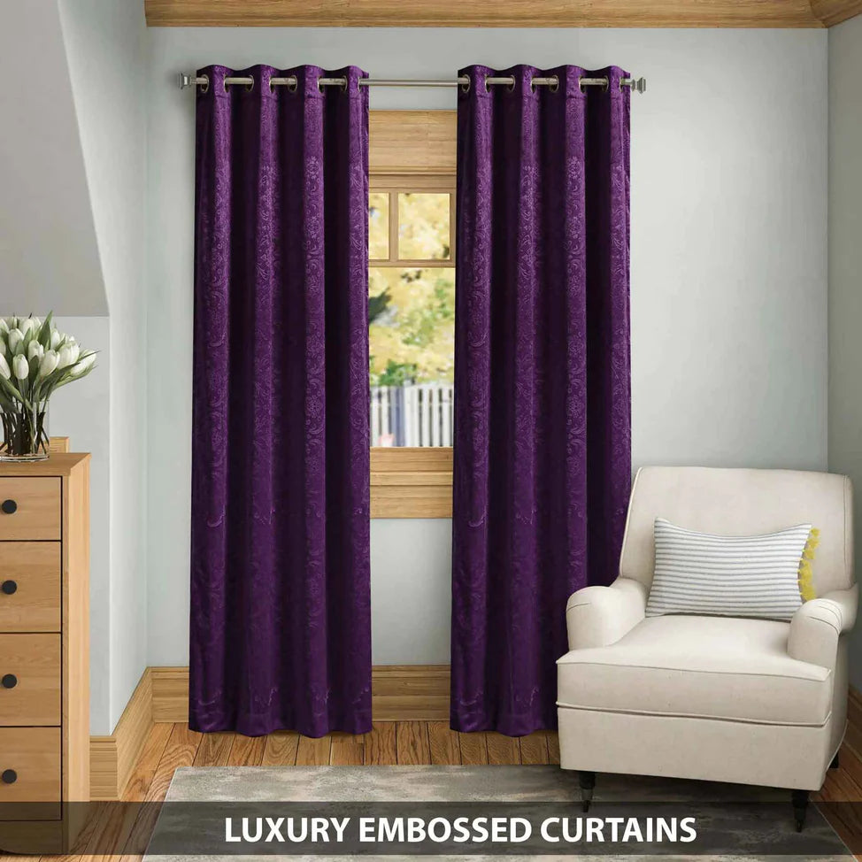 Pair Of Branched Leaves Embossed Velvet Curtains In Plum Color