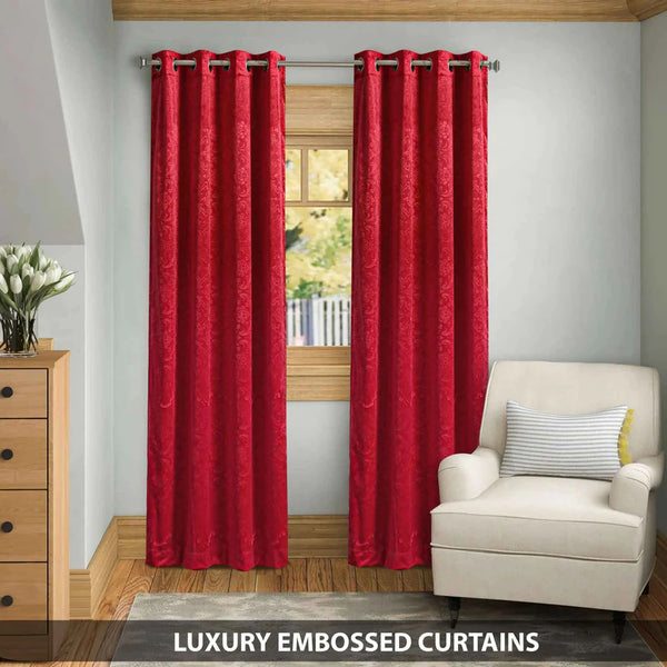 Pair Of Branched Leaves Embossed Velvet Curtains In Red Color