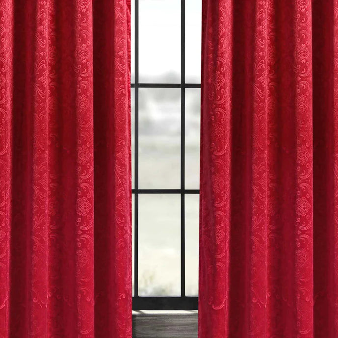 Pair Of Branched Leaves Embossed Velvet Curtains In Red Color