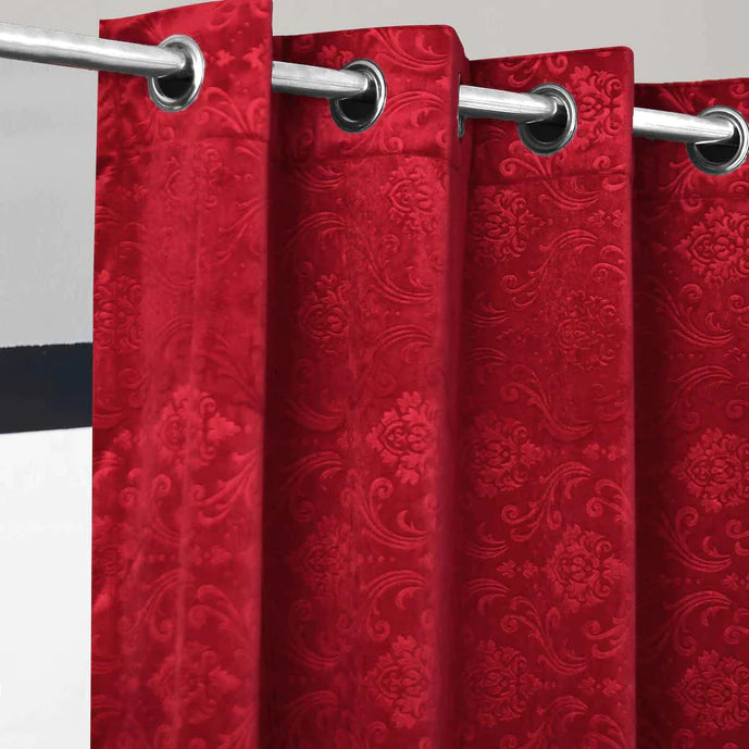 Pair Of Branched Leaves Embossed Velvet Curtains In Red Color