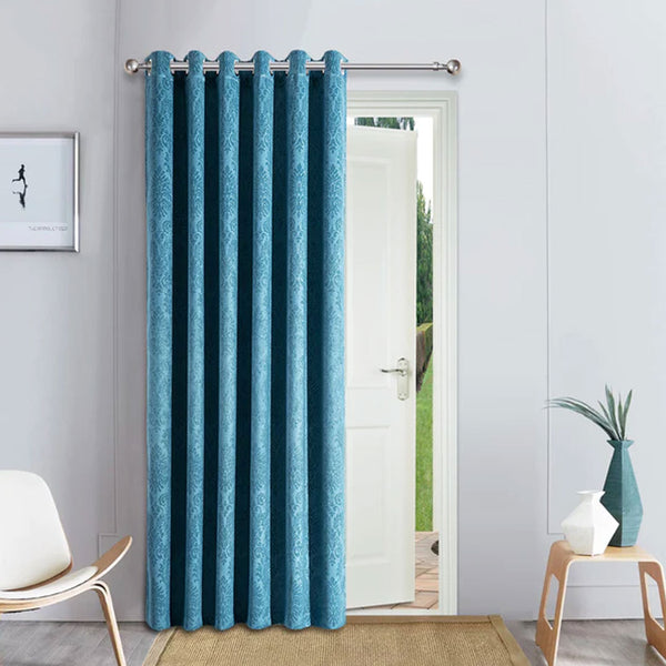 Pair Of Branched Leaves Embossed Velvet Curtains In Sea Green Color
