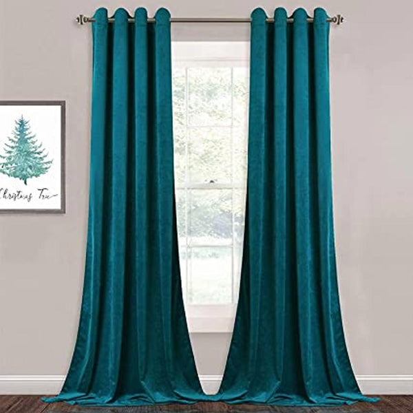 Pair Of Premium Teal Green Velvet Eyelet Curtain