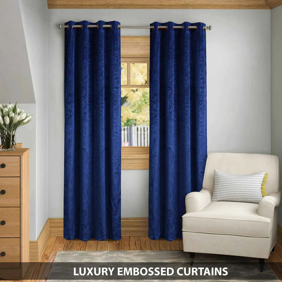 Pair Of Branched Leaves Embossed Velvet Curtains In Blue Color