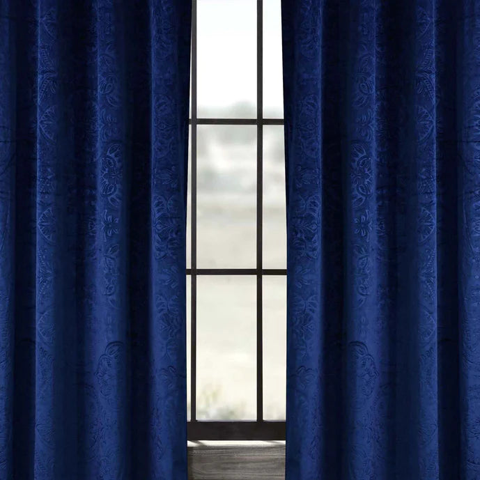 Pair Of Branched Leaves Embossed Velvet Curtains In Blue Color