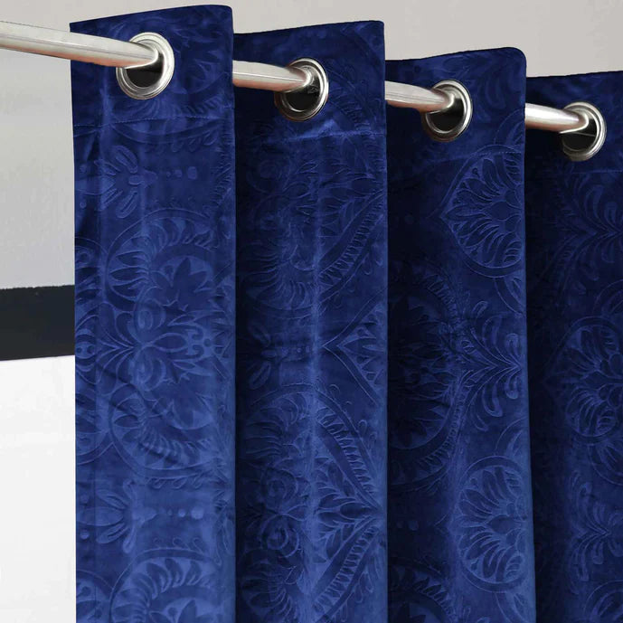 Pair Of Branched Leaves Embossed Velvet Curtains In Blue Color