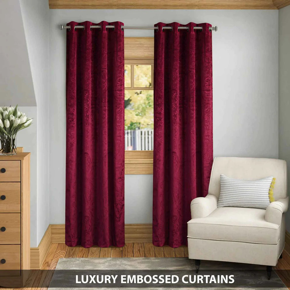 Pair Of Branched Leaves Embossed Velvet Curtains In Maroon Color