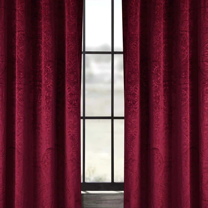 Pair Of Branched Leaves Embossed Velvet Curtains In Maroon Color