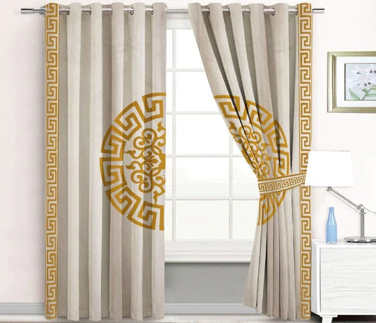 Pair of Laser Cutwork Versace Velvet Curtains Golden on Off-White With Tie Belts