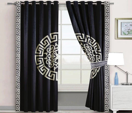 Pair of Laser Cutwork Versace Velvet Curtains Off-White on Black With Tie Belts