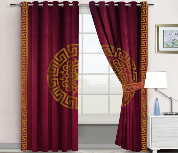 Pair of Laser Cutwork Versace Velvet Curtains Light Brown on Maroon With Tie Belts
