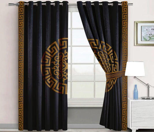 Pair of Laser Cutwork Versace Velvet Curtains Brown on Black With Tie Belts