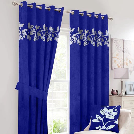 Pair of Laser Cutwork Floral Velvet Curtains White on Blue With Tie Bel ts