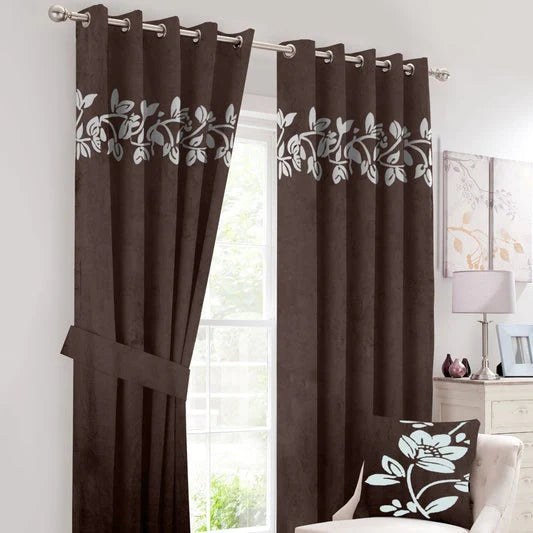 Pair of Laser Cutwork Floral Velvet Curtains White on Dark Brown With Tie Belts