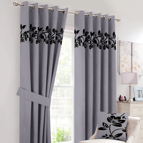 Pair of Laser Cutwork Floral Velvet Curtains Black on Grey With Tie Belts