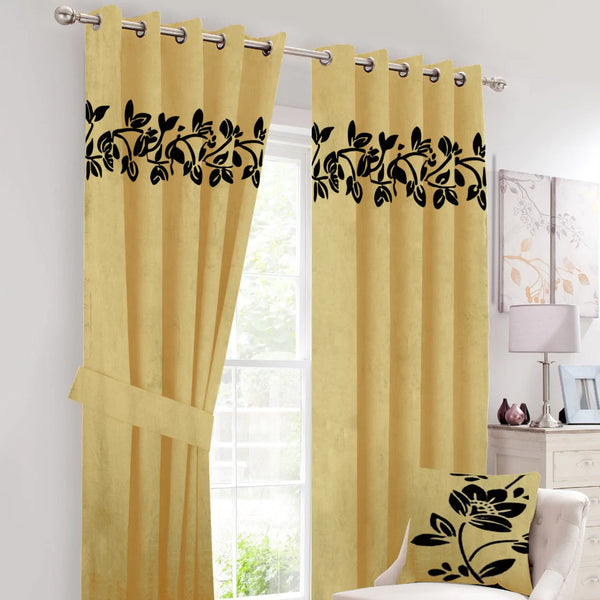 Pair of Laser Cutwork Floral Velvet Curtains Black on Yellow With Tie Belts