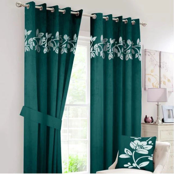 Pair of Laser Cutwork Floral Velvet Curtains White on Green With Tie Belts