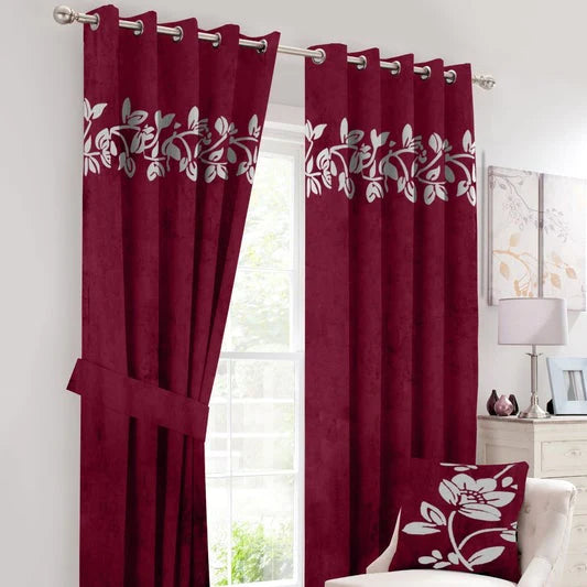 Pair of Laser Cutwork Floral Velvet Curtains White on Maroon With Tie Belts