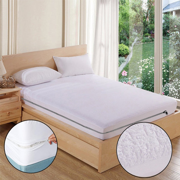 Terry Cotton Waterproof Mattress Protector In White Color With Zipper