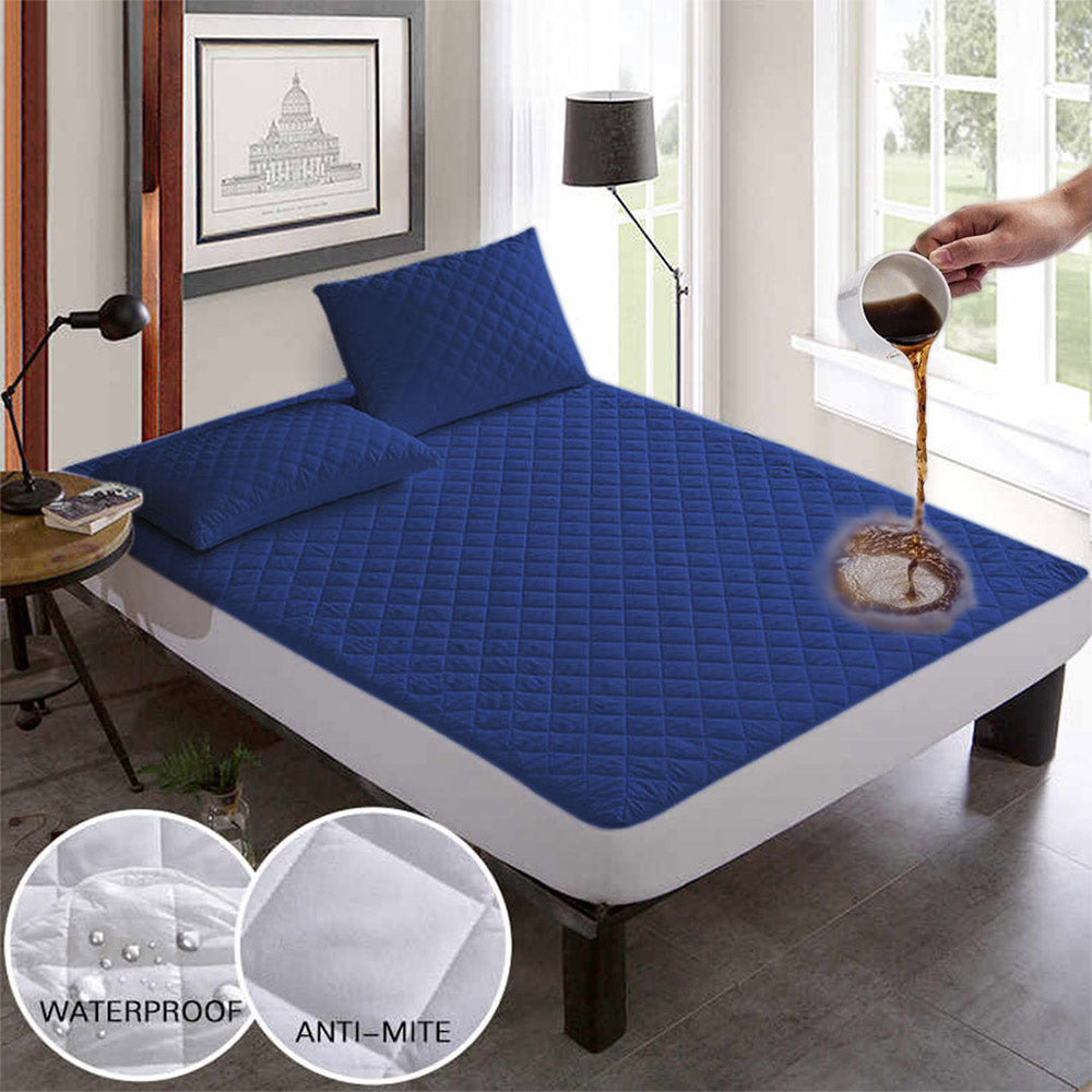 Quilted Waterproof Mattress Protector In Blue Color With Elastic Fitting