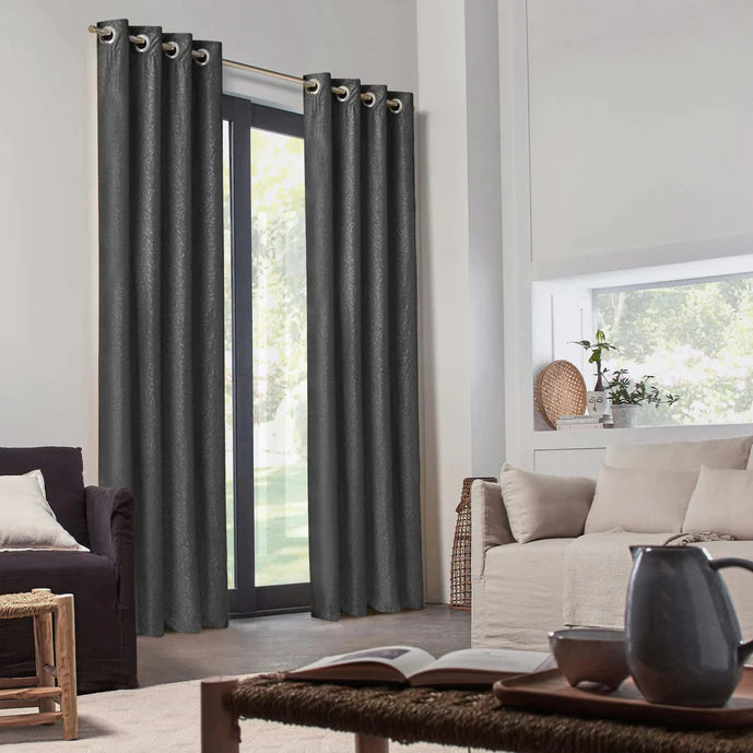 Pair Of Branched Leaves Embossed Velvet Curtains In Grey Color