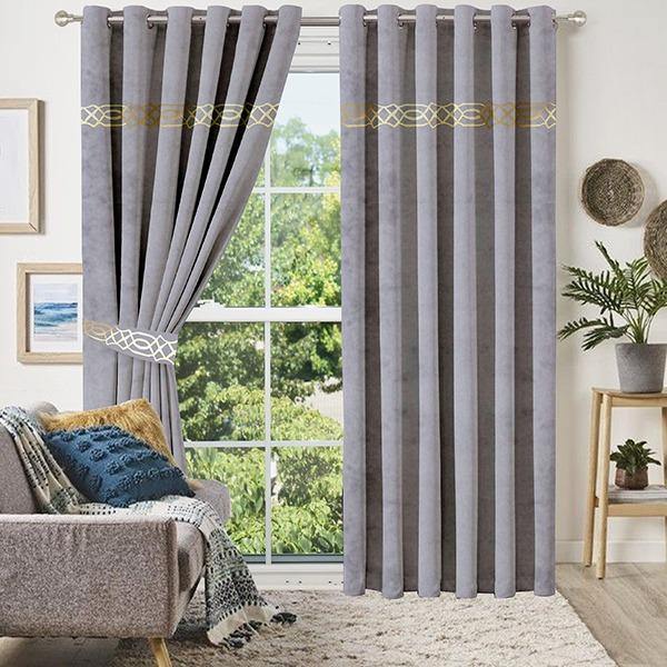 Pair of Laser Cutwork Motif Border Velvet Curtains Golden on Grey With Tie Belts