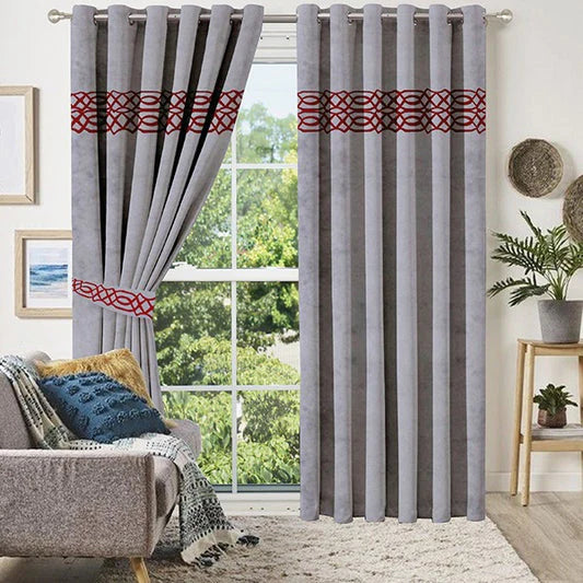 Pair of Laser Cutwork Motif Border Velvet Curtains Maroon on Grey With Tie Belts