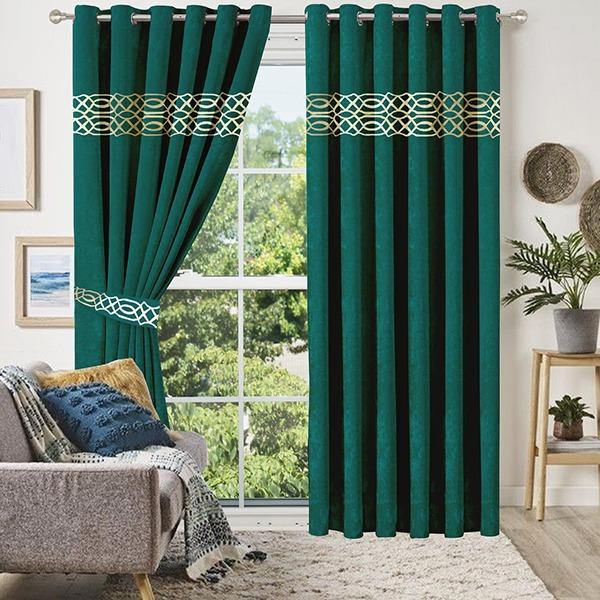 Pair of Laser Cutwork Motif Border Velvet Curtains Golden on Green With Tie Belts