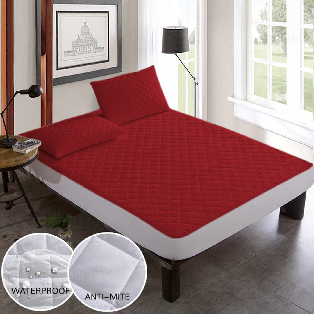 Quilted Waterproof Mattress Protector In Maroon Color With Elastic Fitting