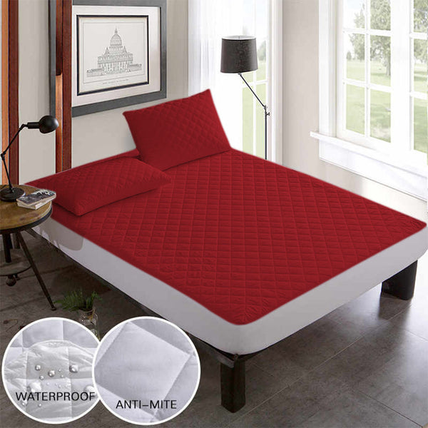 Quilted Waterproof Mattress Protector In Maroon Color With Elastic Fitting