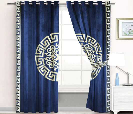 Pair of Laser Cutwork Versace Velvet Curtains Cream Color on Navy Blue With Tie Belts