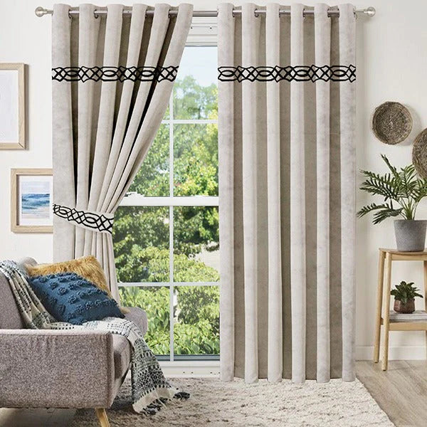 Pair of Laser Cutwork Motif Border Velvet Curtains Black on Muted Brown With Tie Belts