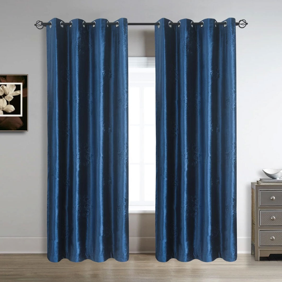 Pair Of Branched Leaves Embossed Velvet Curtains In Shiny Blue Color