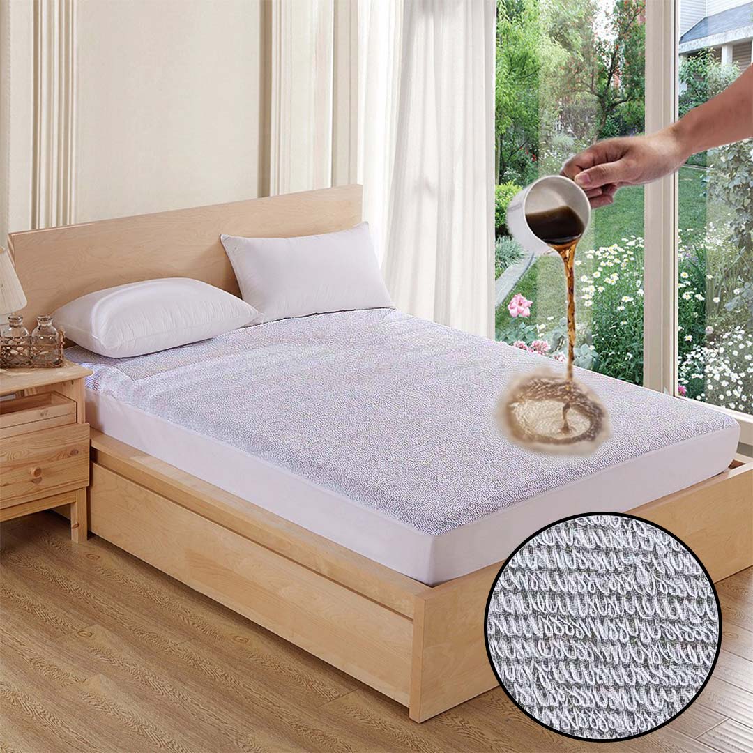 Terry Cotton Waterproof Mattress Protector In White Color With Elastic Fitting