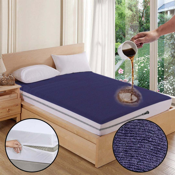 Terry Cotton Waterproof Mattress Protector In Blue Color With Zipper