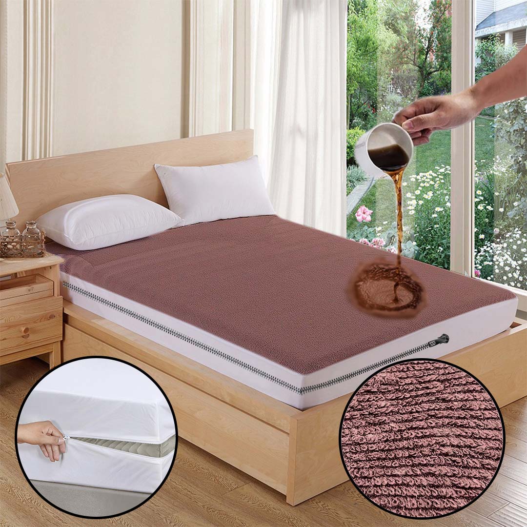 Terry Cotton Waterproof Mattress Protector In Brown Color With Zipper