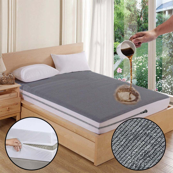 Terry Cotton Waterproof Mattress Protector In Grey Color With Zipper